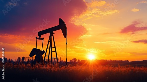 Dramatic sunset over silhouetted oil pumpjack, showcasing rural industry