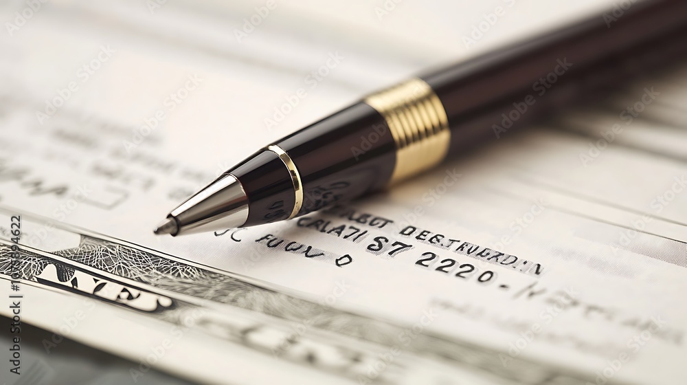 A close-up of a pen resting on a check, emphasizing financial transactions and documentation. A close-up of a pen resting on a check, emphasizing financial transactions and documentation.