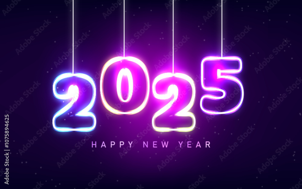 Happy New Year 2025 neon style purple background Happy New Year 2025 neon style purple background