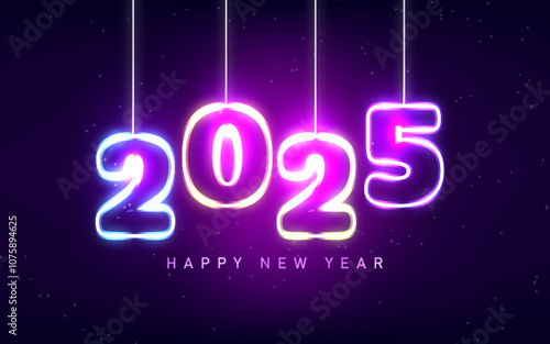 Happy New Year 2025 neon style purple background