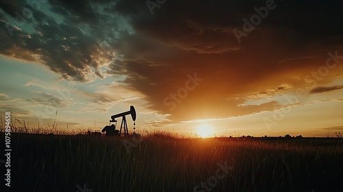 Dramatic sunset over silhouetted oil pumpjack, showcasing rural industry