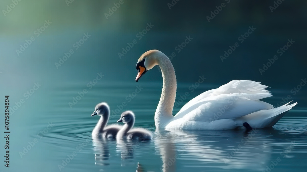 a swan swimming with two cygnets in tranquil blue water a swan swimming with two cygnets in tranquil blue water