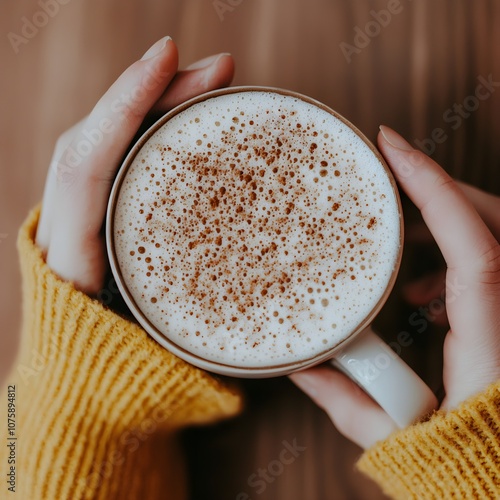 Cozy hands holding a frothy coffee cup with cinnamon topping photo