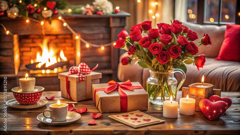 Naklejka premium Romantic Valentine's Day Celebration for Wives with Gifts, Flowers, and Heartfelt Messages in a Cozy, Inviting Setting Filled with Love and Warmth