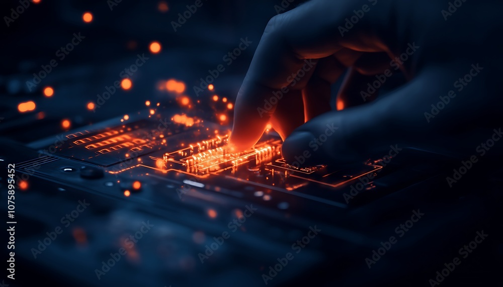 A hand touches a glowing circuit board, with vibrant sparks, illustrating technology and innovation in a dark, futuristic setting. A hand touches a glowing circuit board, with vibrant sparks, illustrating technology and innovation in a dark, futuristic setting.