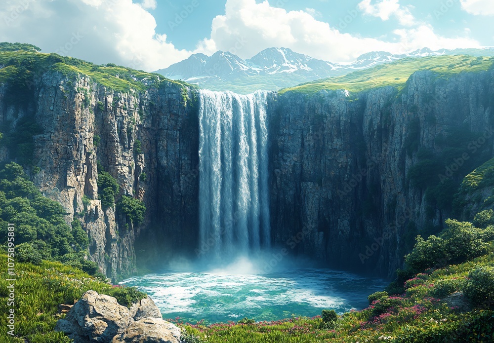 Fototapeta premium Majestic Waterfall in Mountain Valley Landscape