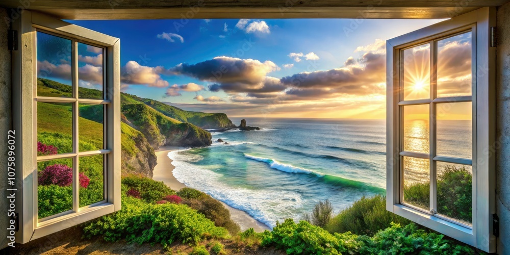 Fototapeta premium Serene Ocean View from Open Window with Coastal Landscape, Perfect for Relaxation and Tranquility, Scenic Escape to Nature, Ideal for Home Decor and Travel Inspiration