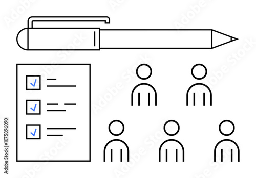 Pen checklist with checkmarks, five individual icons. Ideal for teamwork, organization, assignment fulfillment, collaboration, task management, evaluation, productivity Line metaphor