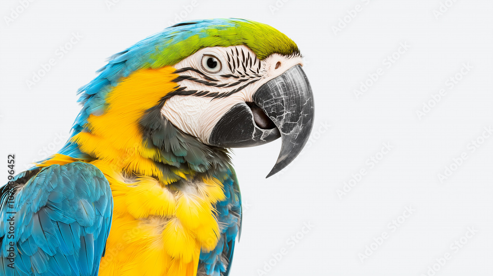 Blue and Gold Macaw Portrait: A vibrant blue and gold macaw stares intently, its feathers shimmering with life and personality. Blue and Gold Macaw Portrait: A vibrant blue and gold macaw stares intently, its feathers shimmering with life and personality.