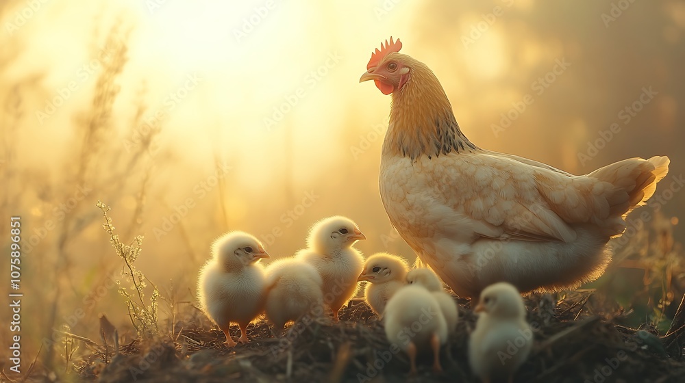 Fototapeta premium Mother hen cares for her adorable chicks in sunlight