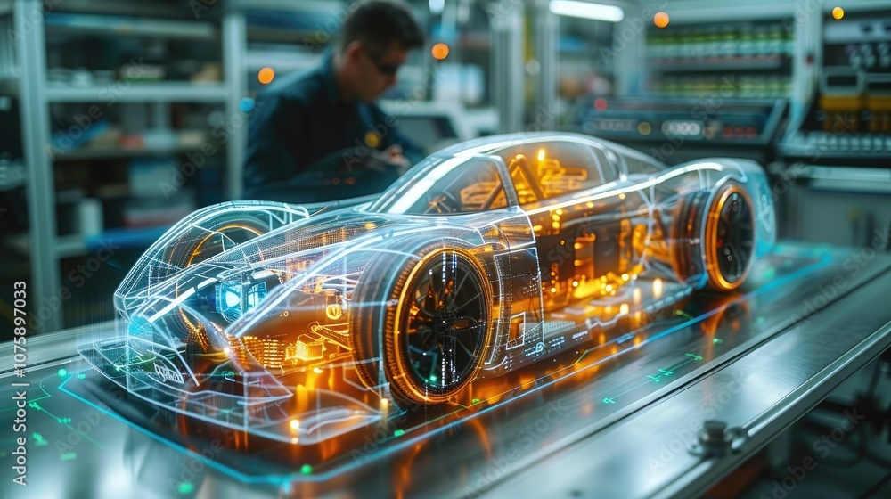 A 3D digital model of a car is displayed in a modern factory setting. A 3D digital model of a car is displayed in a modern factory setting.
