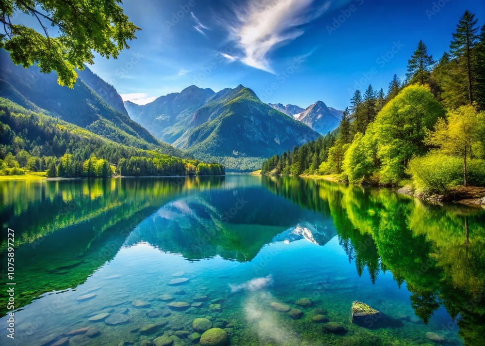 Fototapeta premium Serene Landscape Featuring a Tranquil Lake Surrounded by Lush Mountains, Ideal for Free MP3 Background Music for YouTube Videos and Relaxation Content