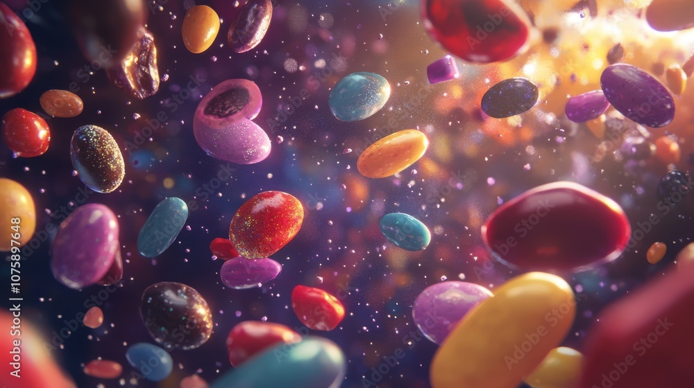 Flying jelly beans and chocolate truffles twinkling like Flying jelly beans and chocolate truffles twinkling like