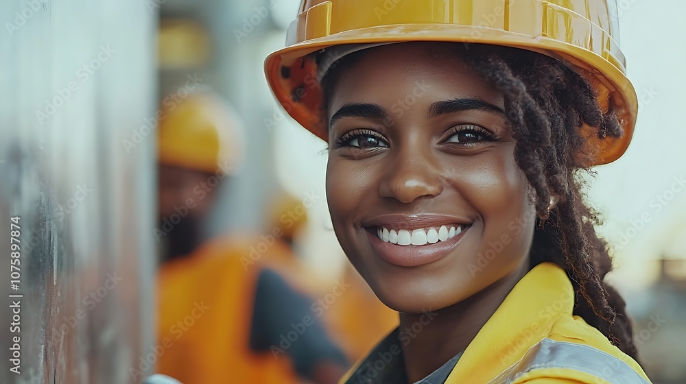 Skilled worker smiles brightly at construction site Skilled worker smiles brightly at construction site