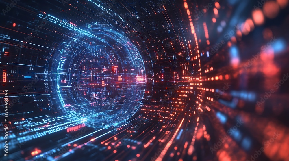A futuristic digital tunnel with glowing data streams in blue and red colors. A futuristic digital tunnel with glowing data streams in blue and red colors.