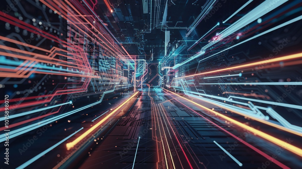 A dynamic, futuristic digital landscape filled with glowing streams of data, circuit patterns, and vibrant code running across the scene. A dynamic, futuristic digital landscape filled with glowing streams of data, circuit patterns, and vibrant code running across the scene.