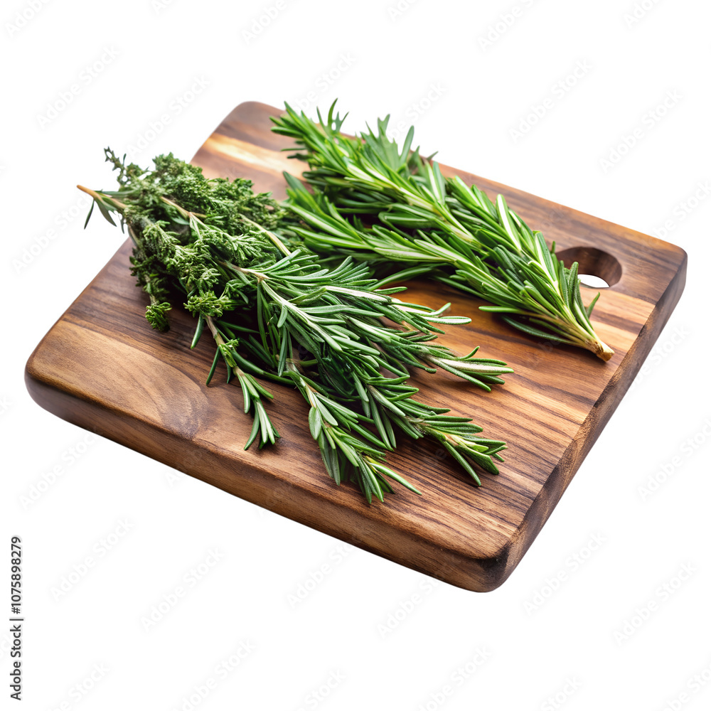 Rustic wooden cutting board with fresh herbs (rosemary and thyme) arranged artistically, isolated on a transparent background Rustic wooden cutting board with fresh herbs (rosemary and thyme) arranged artistically, isolated on a transparent background