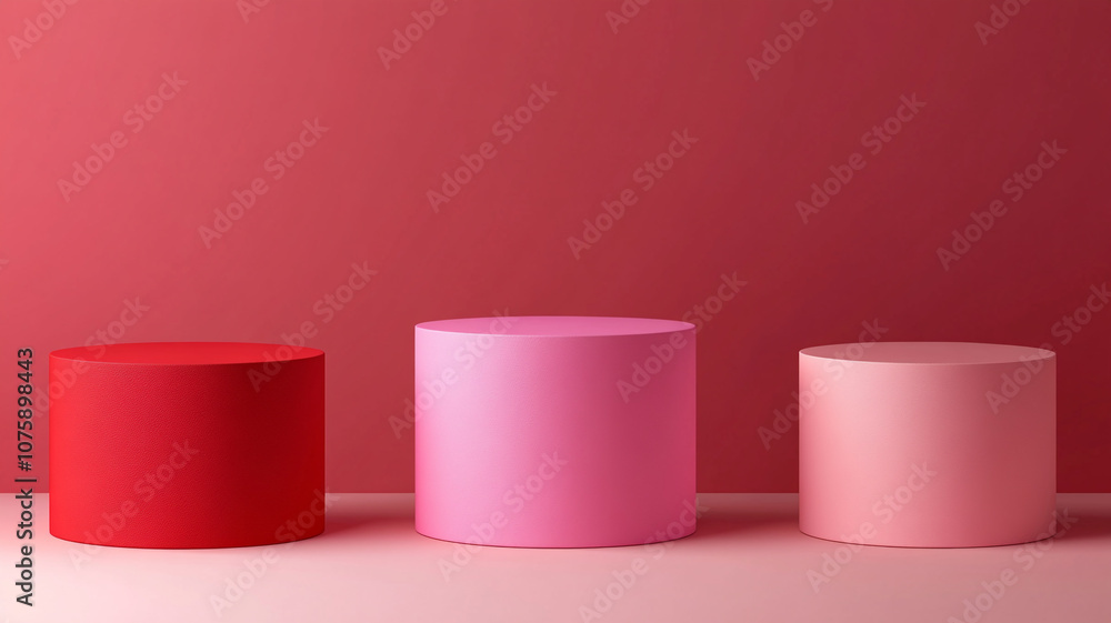 Colorful cylindrical displays in varying shades of red and pink in a minimalist setting Colorful cylindrical displays in varying shades of red and pink in a minimalist setting