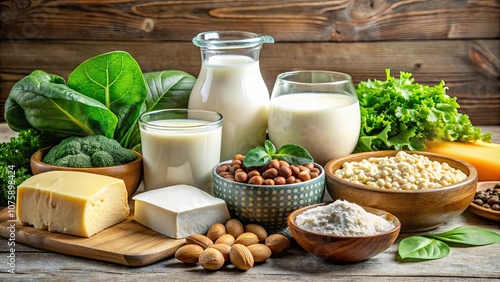 Close-up of various foods rich in calcium including dairy products, leafy greens, and nuts, calcium, dairy, cheese, yogurt photo