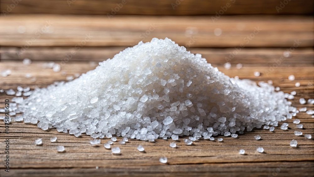 A close-up photo of a pile of white sugar crystals on a wooden table, sweet, food, ingredient, granulated, cooking, baking A close-up photo of a pile of white sugar crystals on a wooden table, sweet, food, ingredient, granulated, cooking, baking