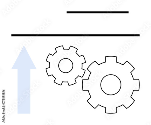 Two interconnected gears and an upward arrow indicate progress, accompanied by horizontal lines representing stability. Ideal for themes of engineering, efficiency, growth, industry, innovation