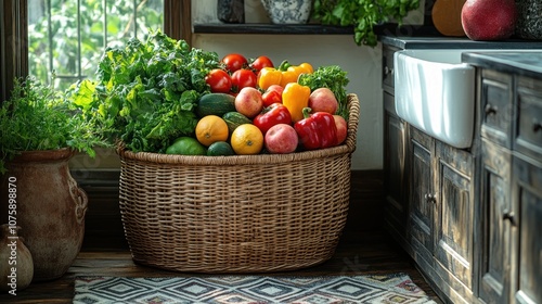 Wallpaper Mural A wicker basket overflowing with fresh fruits and vegetables sits in a rustic kitchen. Torontodigital.ca