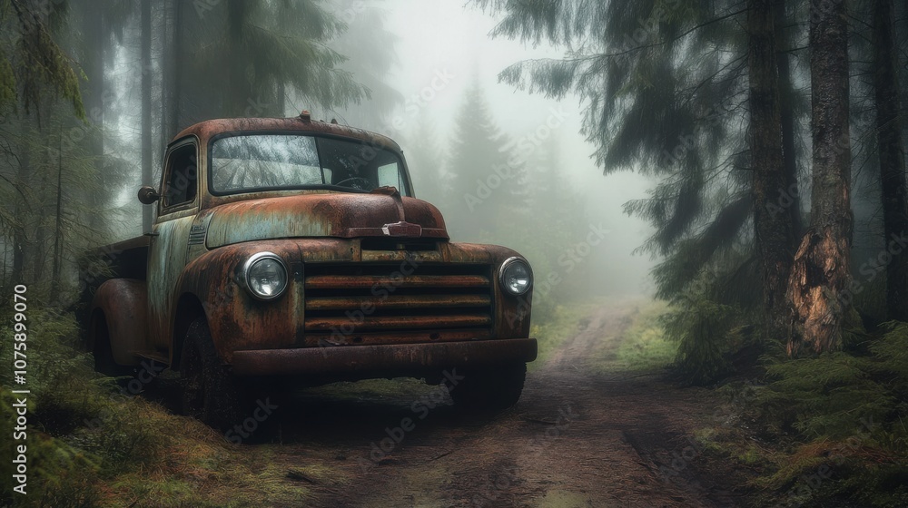 In a foggy forest filled with spruce trees, an old, rusted truck sits In a foggy forest filled with spruce trees, an old, rusted truck sits