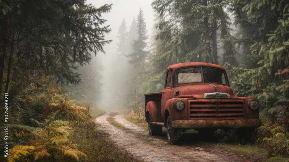 In a foggy forest filled with spruce trees, an old, rusted truck sits In a foggy forest filled with spruce trees, an old, rusted truck sits
