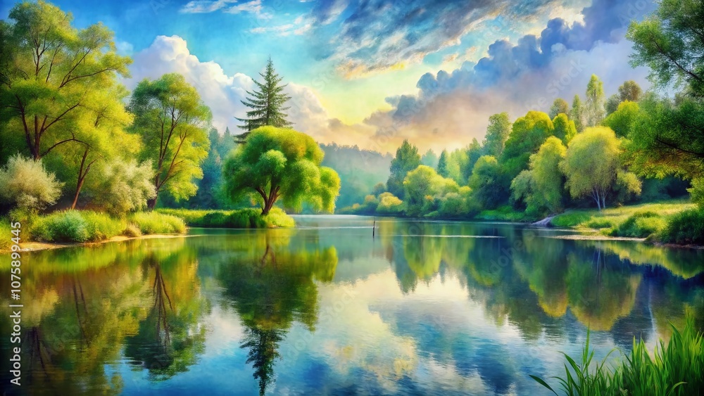 Serene Watercolor Painting of a Tranquil Lake Surrounded by Lush Nature in High Depth of Field, Capturing Vibrant Colors and Soft Reflections for a Peaceful Atmosphere Serene Watercolor Painting of a Tranquil Lake Surrounded by Lush Nature in High Depth of Field, Capturing Vibrant Colors and Soft Reflections for a Peaceful Atmosphere