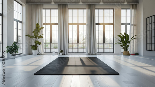 Gym white interior with black yoga mat