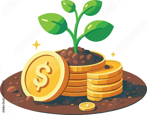 a seedling is growing on coin lying on the ground, green investment concept