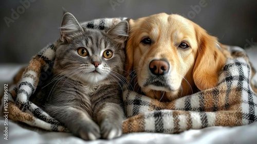 Wallpaper Mural Dog and cat under a plaid. Pet warms under a blanket in cold autumn weather , isolated on white background,  , copy space, copy space for text, Torontodigital.ca