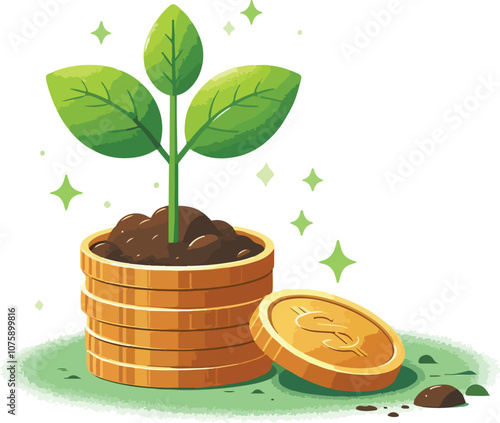 a seedling is growing on coin lying on the ground, green investment concept