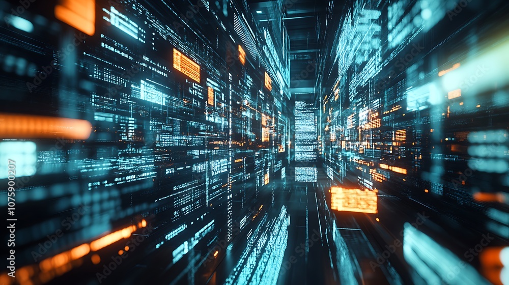 A futuristic digital corridor filled with glowing data streams and abstract information displays. A futuristic digital corridor filled with glowing data streams and abstract information displays.