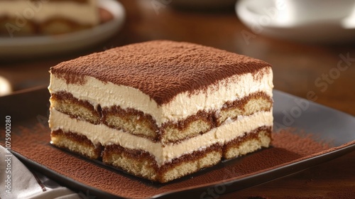 Tiramisu dessert on a dark plate, close-up view. Italian cuisine and sweet indulgence concept