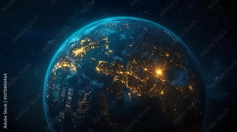 A stunning view of Earth at night, showcasing illuminated cities and natural features. A stunning view of Earth at night, showcasing illuminated cities and natural features.