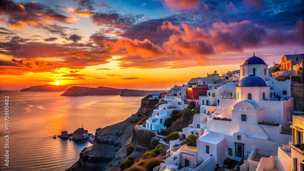Fototapeta premium Silhouette of Santorini at Sunset: Captivating Views Over the Aegean Sea with Iconic White Buildings and Vibrant Sky Colors for Stunning Landscape Photography