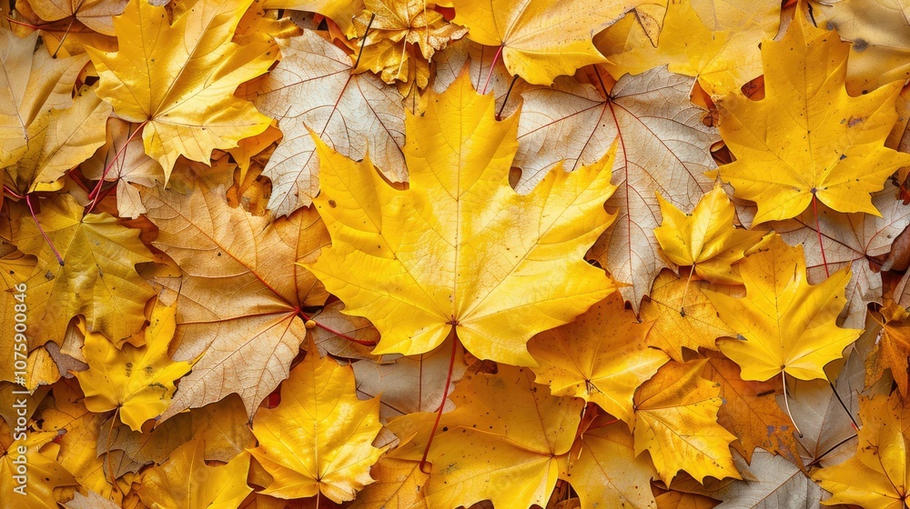A close-up of a vibrant yellow maple leaf surrounded by other autumn leaves. A close-up of a vibrant yellow maple leaf surrounded by other autumn leaves.