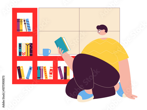 Boy reading book in home library. Library illustrations. Flat vector illustration.