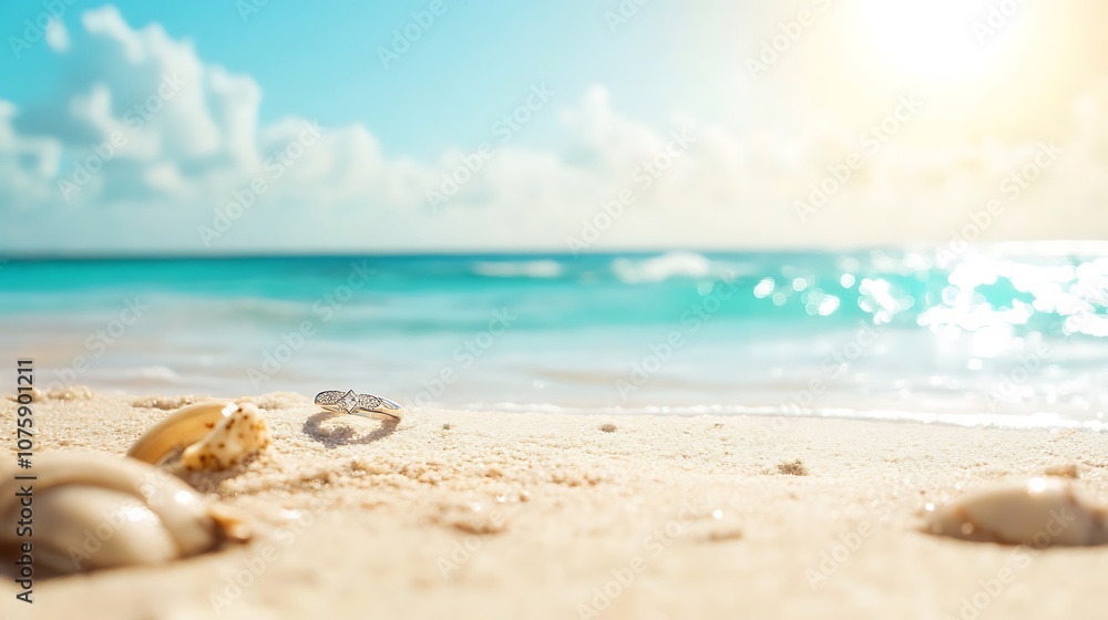A serene beach scene with seashells and a sparkling ocean under a bright sun. A serene beach scene with seashells and a sparkling ocean under a bright sun.