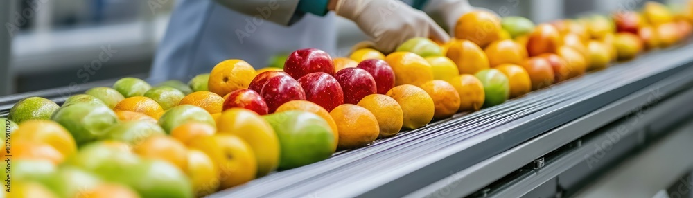 A vibrant array of fresh fruits, including oranges, apples, and lemons, displayed on a conveyor belt, emphasizing quality and variety in food processing. A vibrant array of fresh fruits, including oranges, apples, and lemons, displayed on a conveyor belt, emphasizing quality and variety in food processing.