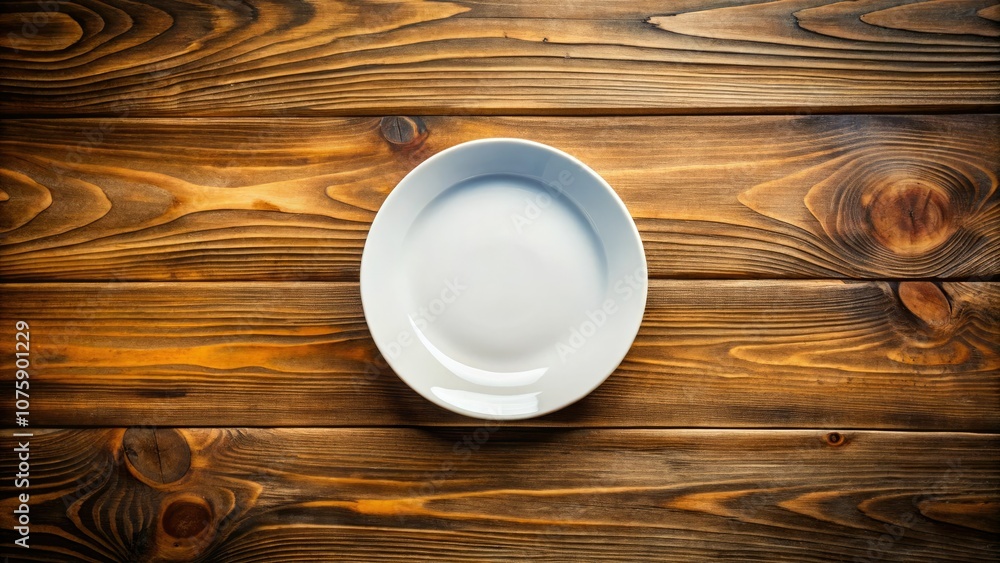 Bird's-eye view of a clean white plate on aged wood, highlighting minimalist elegance in culinary art and gourmet dining, perfect for modern table settings. Bird's-eye view of a clean white plate on aged wood, highlighting minimalist elegance in culinary art and gourmet dining, perfect for modern table settings.