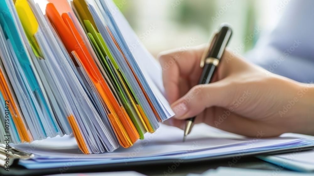 Close-up of Hand Writing in a Notebook with a Stack of Papers Close-up of Hand Writing in a Notebook with a Stack of Papers
