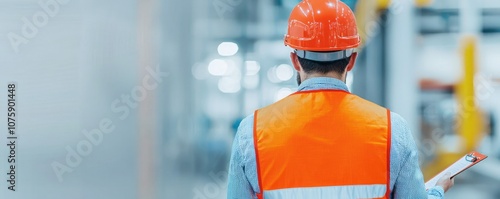 A construction worker in a safety vest and helmet stands in a warehouse, focused on safety and job responsibilities. photo