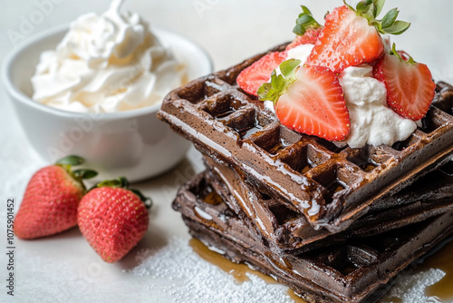 A stack of dark brown waffles covered in drizzled maple syrup and topped with fresh strawberries is placed on the table photo