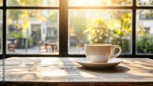 A serene morning scene featuring a cup of coffee on a rustic table, illuminated by warm sunlight streaming through large windows.