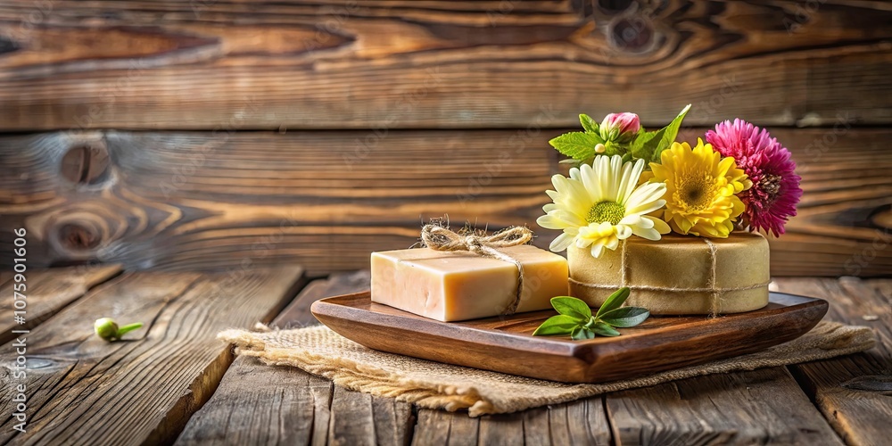 Rustic wooden display featuring homemade soap and a fresh flower on a rustic table , homemade soap Rustic wooden display featuring homemade soap and a fresh flower on a rustic table , homemade soap