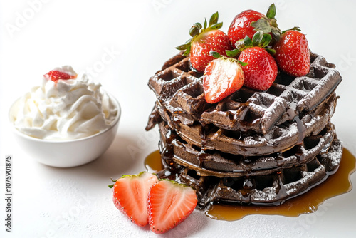 A stack of dark brown waffles covered in drizzled maple syrup and topped with fresh strawberries is placed on the table photo