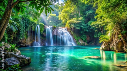 Fototapeta Naklejka Na Ścianę i Meble -  Tranquil tropical lagoon with cascading waterfall and vibrant green foliage, serene, tropical, lagoon, waterfall, lush