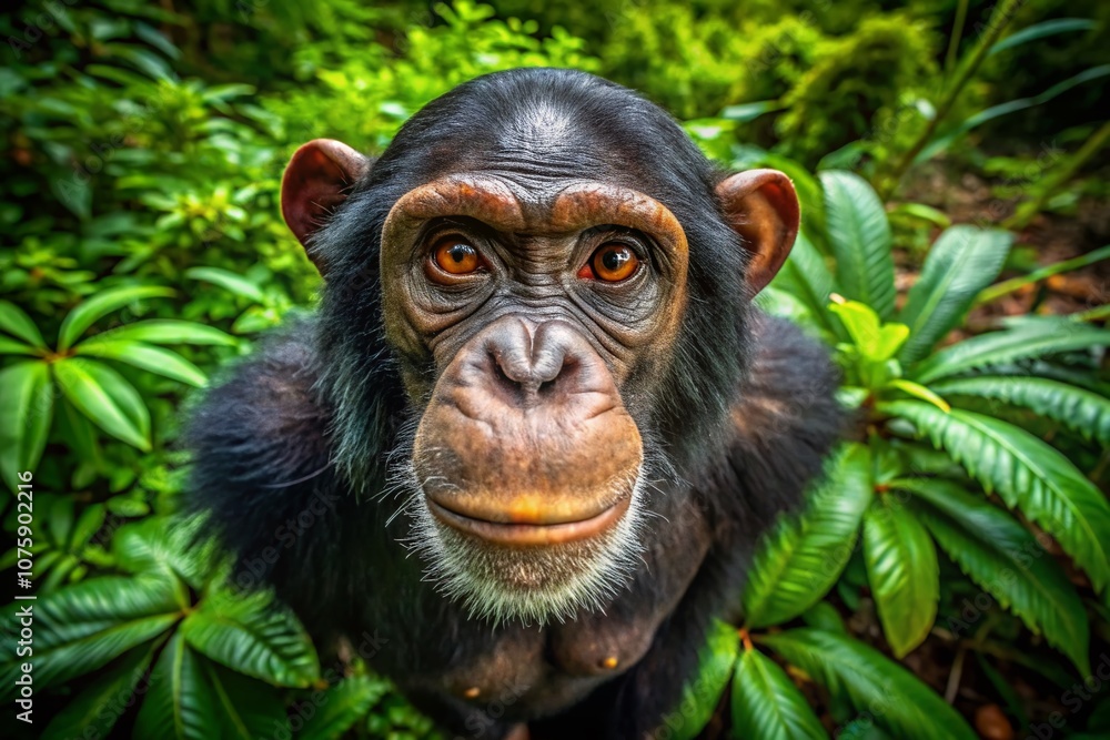 Stunning Aerial Photography of a Chimpanzee in Its Natural Habitat, Capturing the Beauty of Wildlife from Above with Detailed Features and Vivid Colors in the Lush Green Environment